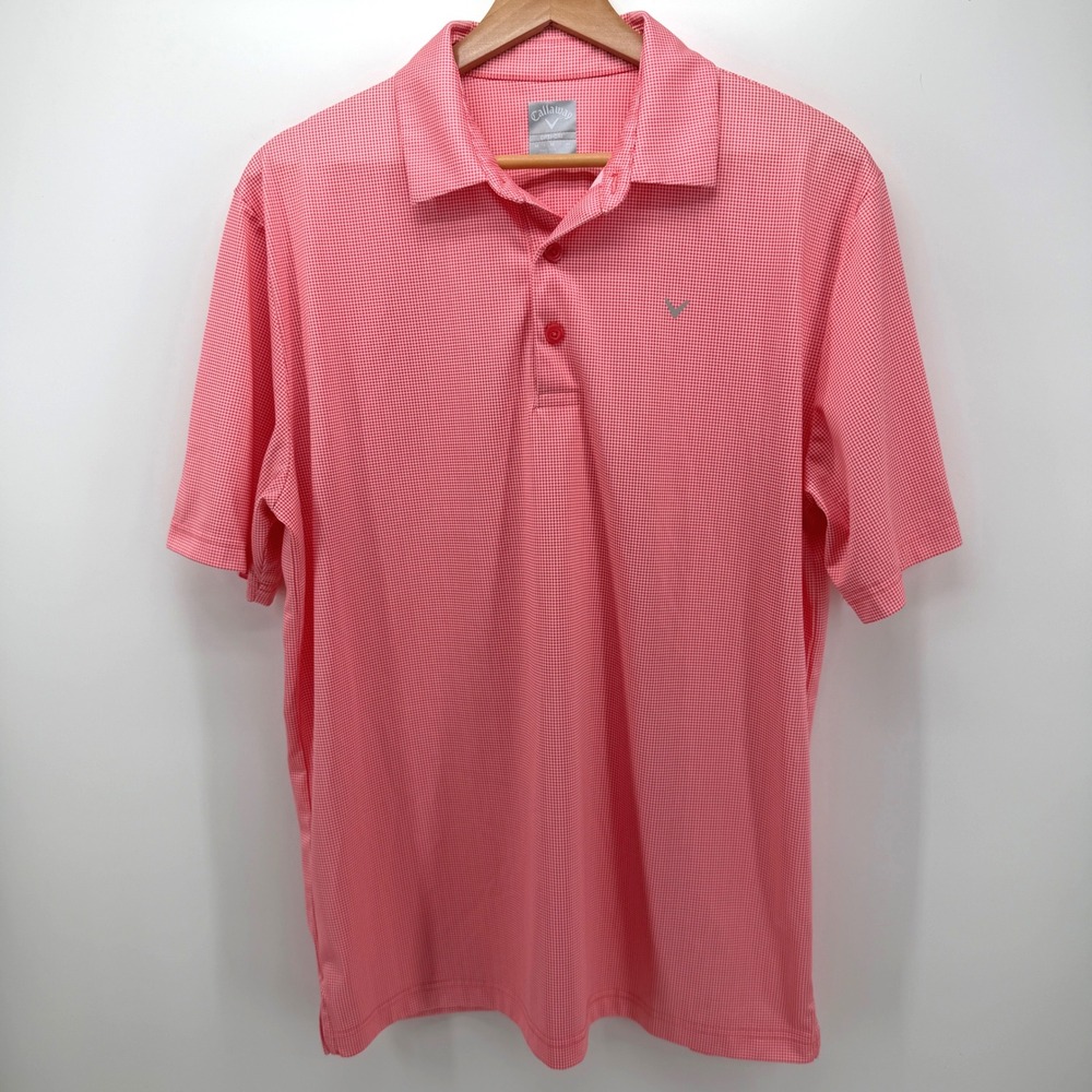 Callaway Polo Shirt Mens Medium Peach White Gingham Opti-Dri Short Sleeve Check
